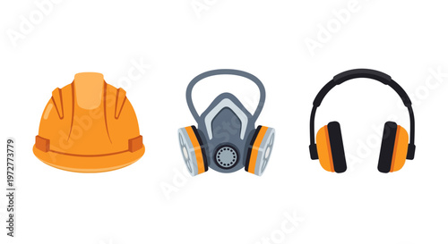 Safety equipment: hard hat, respirator, and ear protection for workplace safety