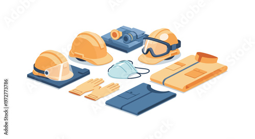 Safety gear essentials: isometric construction and protective equipment illustrated