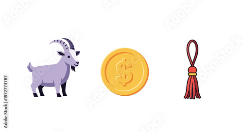 Goat, dollar coin, and red tassel symbolize wealth and prosperity in flat design