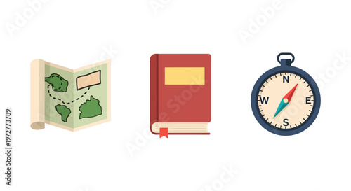 Adventure essentials: map, book, and compass in minimalist design