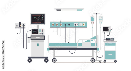 Hospital room equipment in flat style with monitors and bed