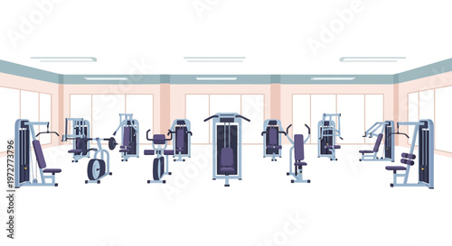 Modern gym interior with fitness equipment in flat style