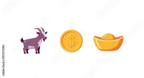 Cartoon goat, coin, and gold nugget on white background