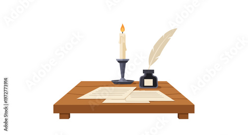 Vintage writing set with quill, ink, candle on wooden desk