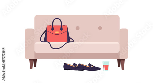 Chic sofa scene with fashionable handbag and shoes on stylish furniture