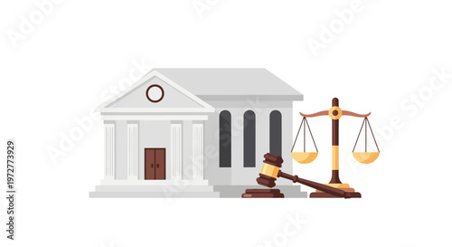 Flat design courthouse with gavel and scales of justice icon