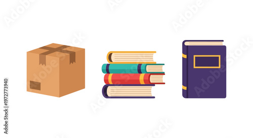 Flat style icons of cardboard box, colorful books, and hardcover book