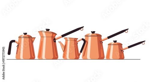 Elegant copper kitchenware set on white background