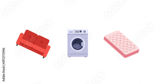Isometric furniture and appliance set: sofa, washing machine, mattress