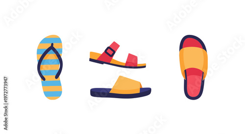 Colorful summer sandals and flip flops collection on white background