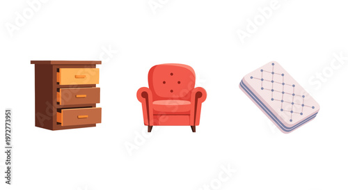 Colorful furniture set with armchair, drawer unit, and soft mattress