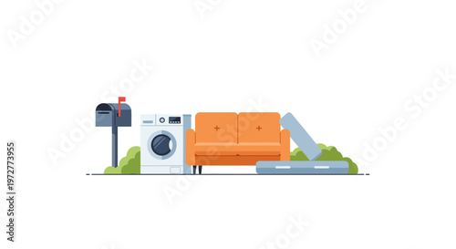 Minimalist household items arrangement with couch and washing machine