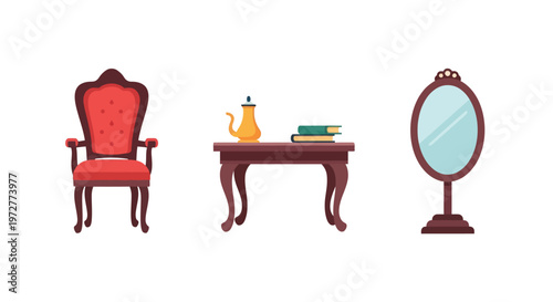Elegant antique furniture set with armchair, table, and mirror