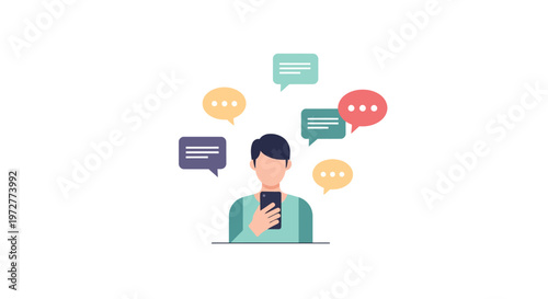 Communication in digital age: young person texting with colorful chat bubbles