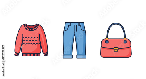 Colorful fashion icons: sweater, jeans, and handbag in modern flat design