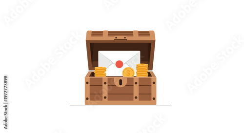 Open treasure chest with gold coins and sealed envelope on white background