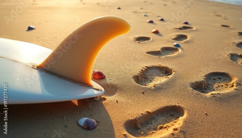 Surfboard fin rests on sandy beach near colorful shells and footprints. Sun shines warmly on ocean shore, waves gently lap. Peaceful summer day for surfing adventure.