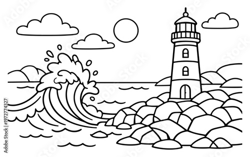 Stylized lighthouse stands tall on rocky shore with crashing waves and sun