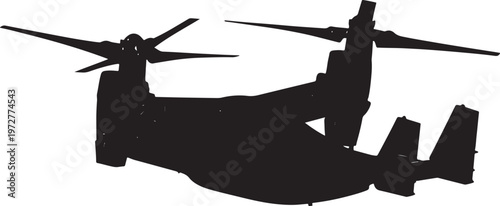 Silhouette of a tiltrotor aircraft in flight with air force with black and white