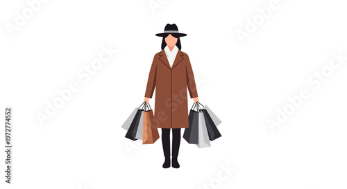 Fashionable woman shopping in stylish outfit and hat on white background