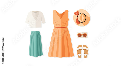 Summer wardrobe essentials: stylish dress and accessories in flat design