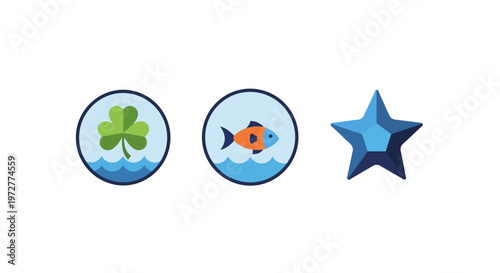 Colorful circular emblems featuring clover, fish, and star designs