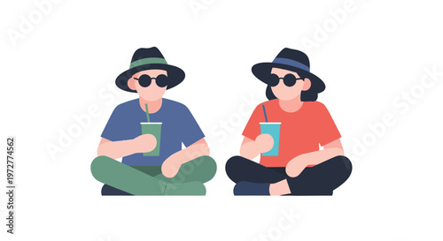 Flat style friends relaxing with drinks and sunglasses in cool hats