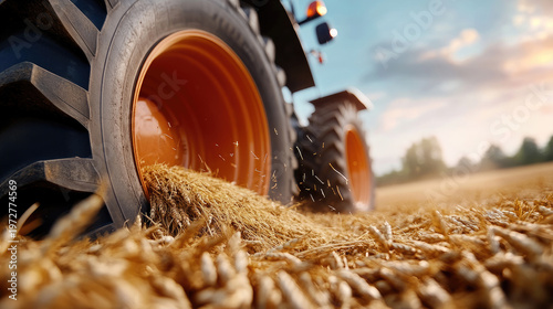 Agronomist working with agricultural machinery on a round bale of straw in a field during harvest, contributing to farming productivity and agribusiness operations