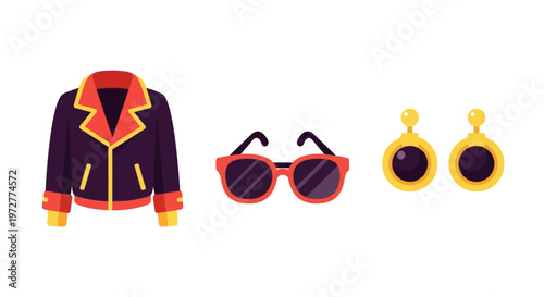 Stylish fashion icons with jacket, sunglasses, and earrings on white background