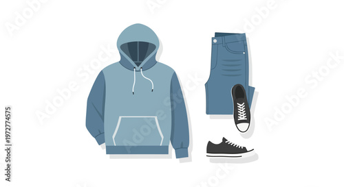 Casual outfit essentials with blue hoodie, jeans, sneakers on white background