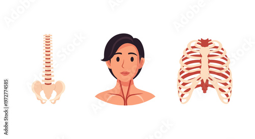 Human anatomy set featuring spine, ribcage, and head