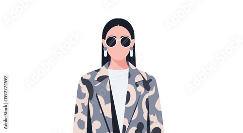 Trendy woman in camouflage jacket with sunglasses and earrings on white background