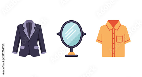 Flat style clothing icons: suit jacket, mirror, casual shirt