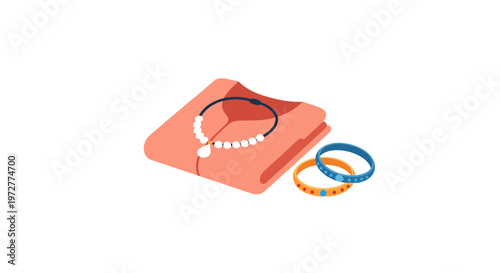 Folded shirt with necklace and bracelets in modern isometric design