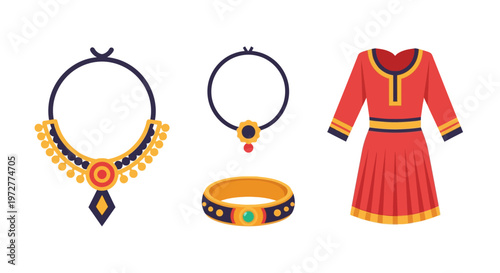 Traditional ethnic jewelry and dress in flat design