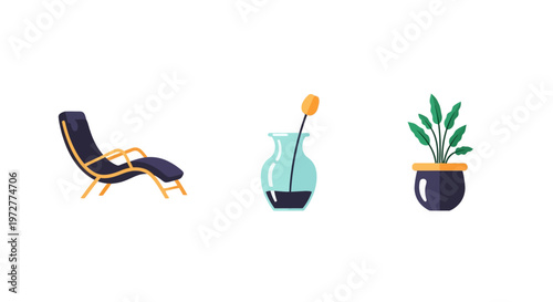 Modern living room decor: stylish chair, vase with flower, and potted plant