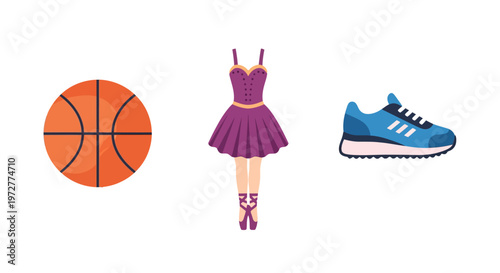 Basketball, ballet, and running: a diverse set of sports equipment in flat design