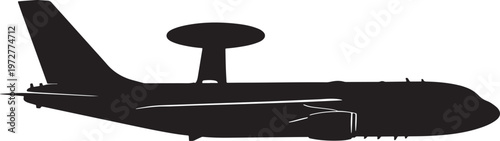 Silhouette of an airborne early warning and control aircraft with air force with black and white