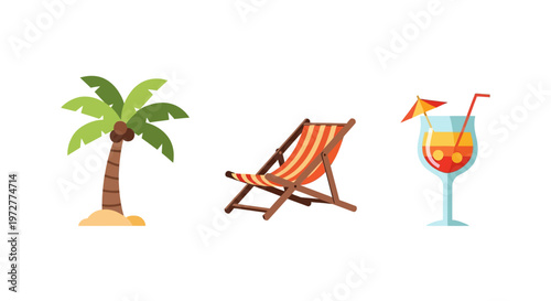 Tropical beach essentials with palm tree, deck chair, and cocktail