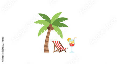 Tropical relaxation scene with palm tree, deck chair, and refreshing cocktail