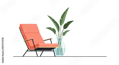 Modern minimalist living space with coral armchair and green plant in glass vase