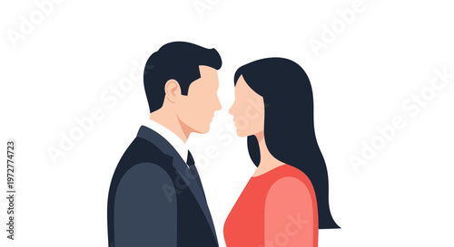Minimalist couple in love gaze silhouette on white background