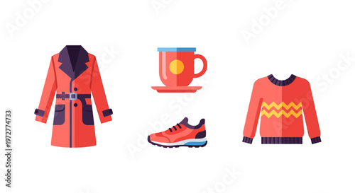 Cozy autumn essentials: coat, mug, sneakers, and sweater in flat design
