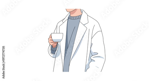Stylish minimalist fashionable person drinking coffee in white coat