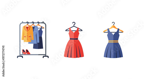 Stylish dresses and outfits on hangers with shoes in contemporary flat design
