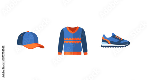 Casual streetwear collection featuring cap, sweater, and sneaker in blue and orange