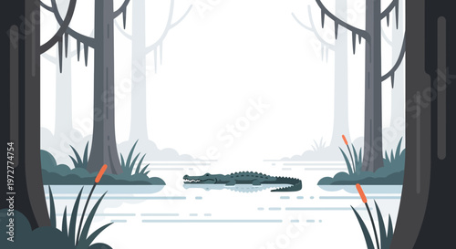 Tranquil swamp scene with crocodile in misty forest setting
