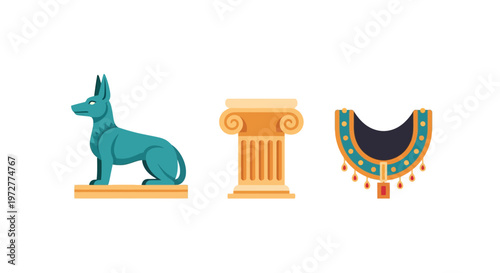 Ancient egyptian symbols: anubis, column, necklace icons in minimalist style