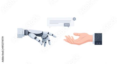 Human and robot hands reaching for connection in futuristic flat design