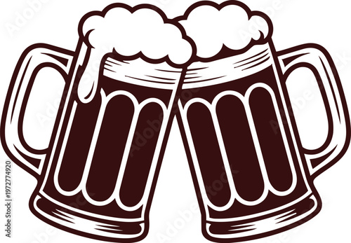 Beer mugs toasting silhouette vector design, celebration party cheers pub Oktoberfest theme, clinking glasses symbol, festive drink illustration for bar and festival decoration.